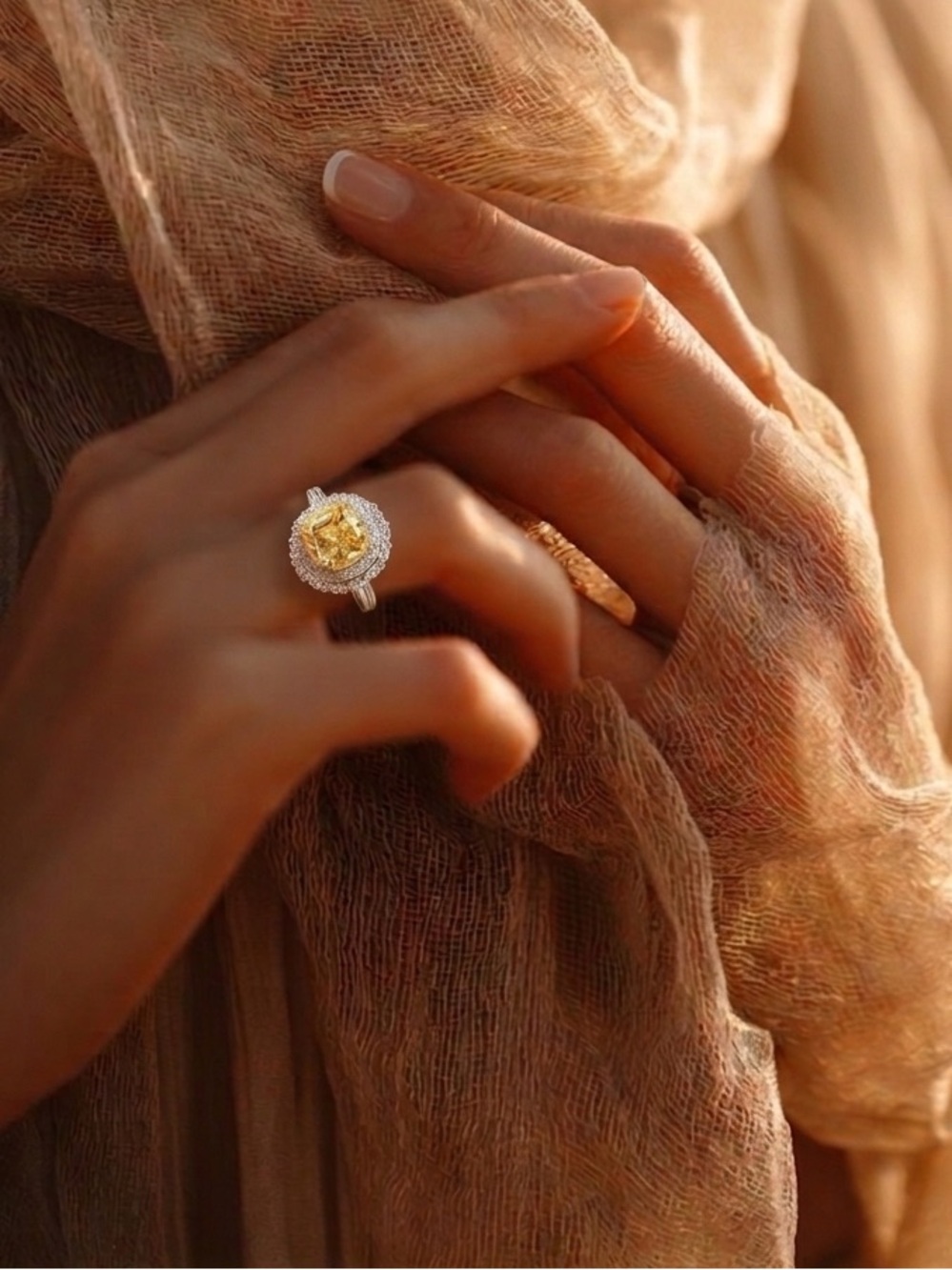 925 Silver Ring with Sparkling Yellow Zircon & Double Halo Design